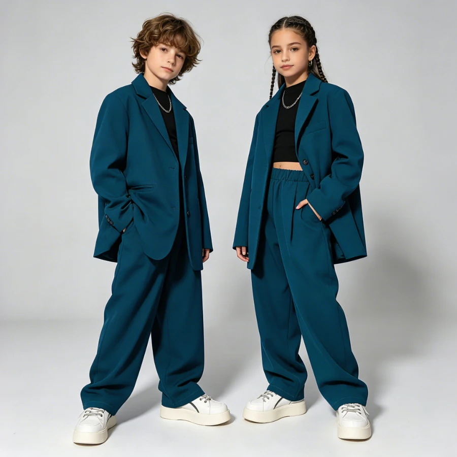 Suit for Girls Fashion Loose Teen Boys Blazers Set 4 To 16 Y Kids Jazz Dance Performance Costume Blue Casual Child Group Outfit