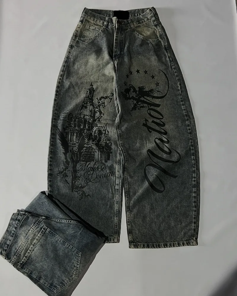 

Американские ретро-джинсы с принтом ангела, с высокой талией, в стиле Y2K, уличный тренд, выстиранные, оверсайз, брюки в пол для мужчин и женщин