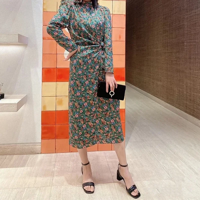 Women Floral Printed Robe Lace-up High Waist Stand Collar Three Quarter Sleeve Elegant Midi Dress