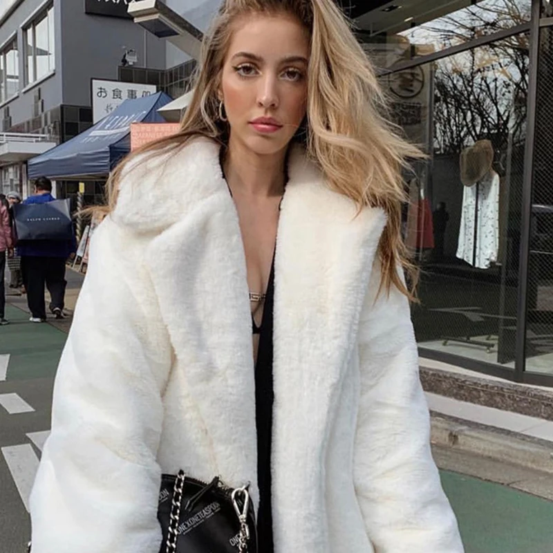 2023 New Winter Women Faux Rabbit Fur Coat Thick Warm Loose Female Plush Coats Fur Coat Loose Lapel OverCoat