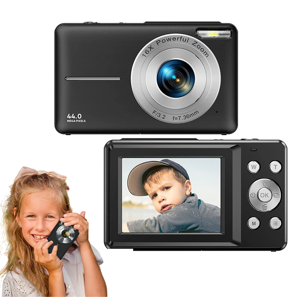 Ponto compacto e atirar câmera para crianças, câmera digital, 4K, 44MP, cartão SD de 32GB, zoom digital de 16x, tela de 2,4 ", vloggin