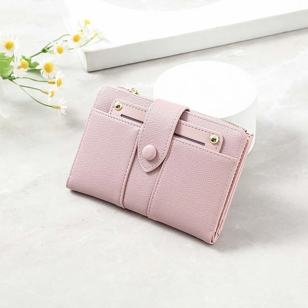 

Portable Women Wallet Multiple Card Snap Button Solid Color Card Bag Anti-Splash Water Classic Style Lady Short PU Purses Daily