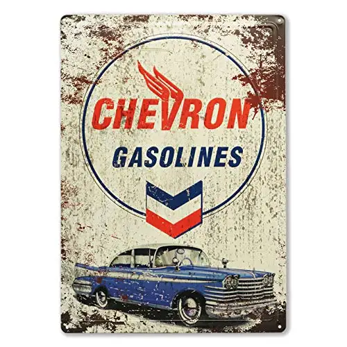 Chevron Gasoline Vintage Style Wall Sign Plaque - Vintage Tin Sign Metal Poster - Rustic Man Cave Outdoor Bar Accessories and De