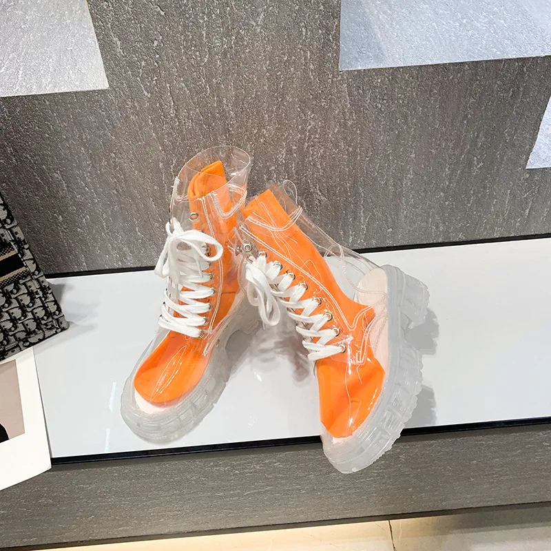 Fashion Cool Boots Women 2023 New Summer Performance Fully Transparent Ankle Boots Women Platform Lace Up Short Boots Rain Boots