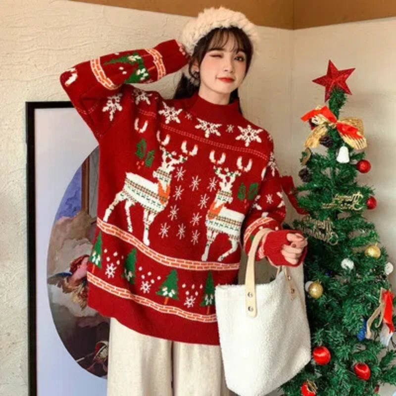 

Christmas Season Women's Red Sweater Loose-fit Thickened Winter 2022 New Style Knitted Pullover Outerwear Crew Neck Top