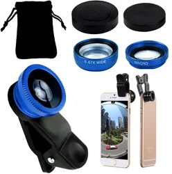 3in1 Fisheye Mobile Phone Lens 0.67X Wide Angle Zoom Fish Eye Macro Lenses Camera Kits With Clip Lens For Iphone Smartphone