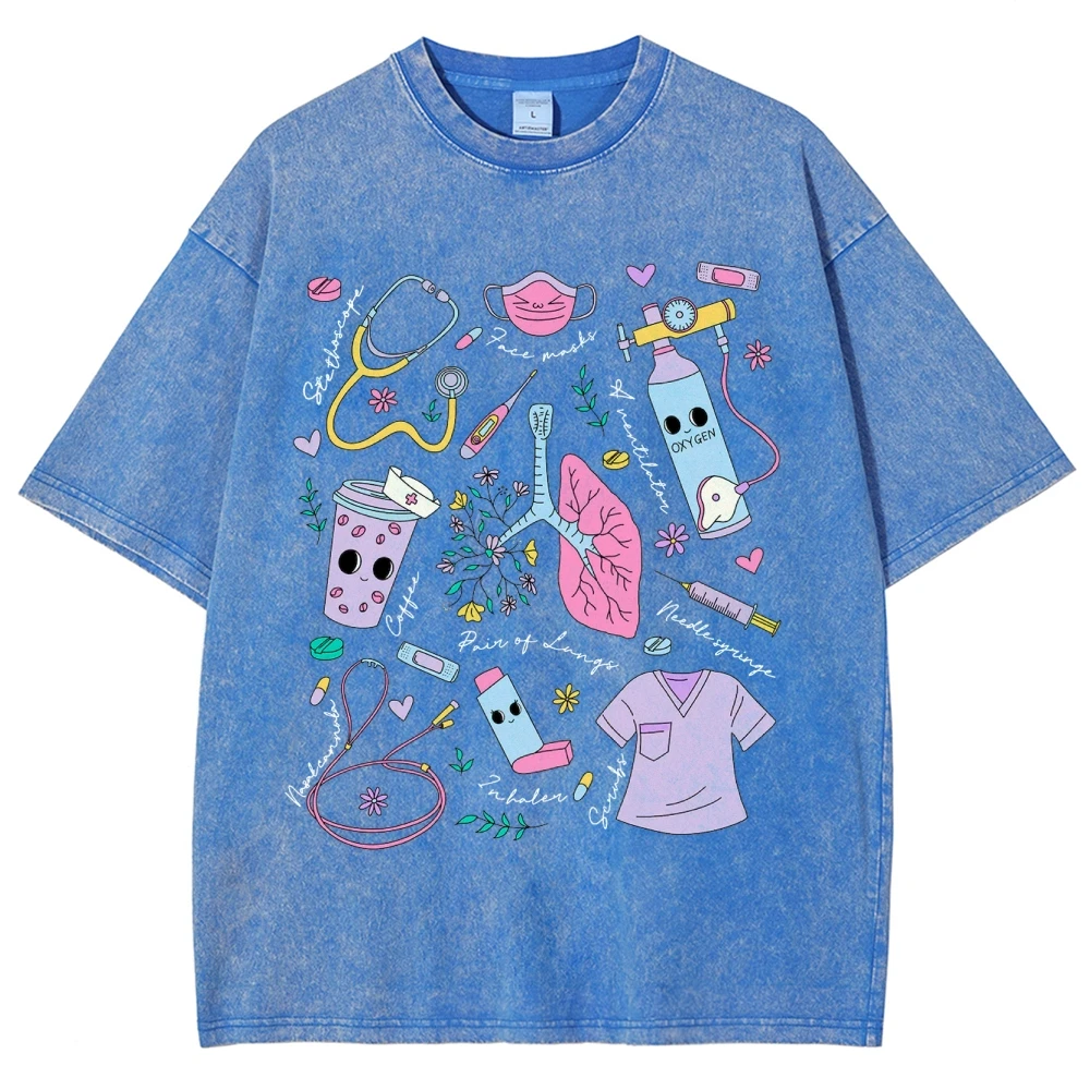 Cute Y2k Color Cartoon Print T-Shirt Retro Washed Old Crew Neck Couple Oversize Fashion Trend New Short Sleeves