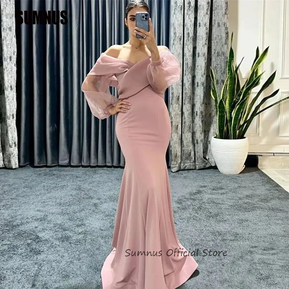 

SUMNUS Pink Simple Mermaid Prom Dresses V-Neck Long Puff Sleeves Evening Party Dress Off The Shoulder Floor-Length Party Gowns