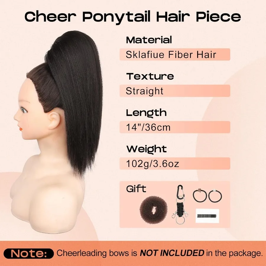 Doczepiany kucyk cheerleaderski 14 cali, prosty, przedłużenie kucyka na zawody cheerleaderskie, do kostiumów tanecznych i przebierania.
