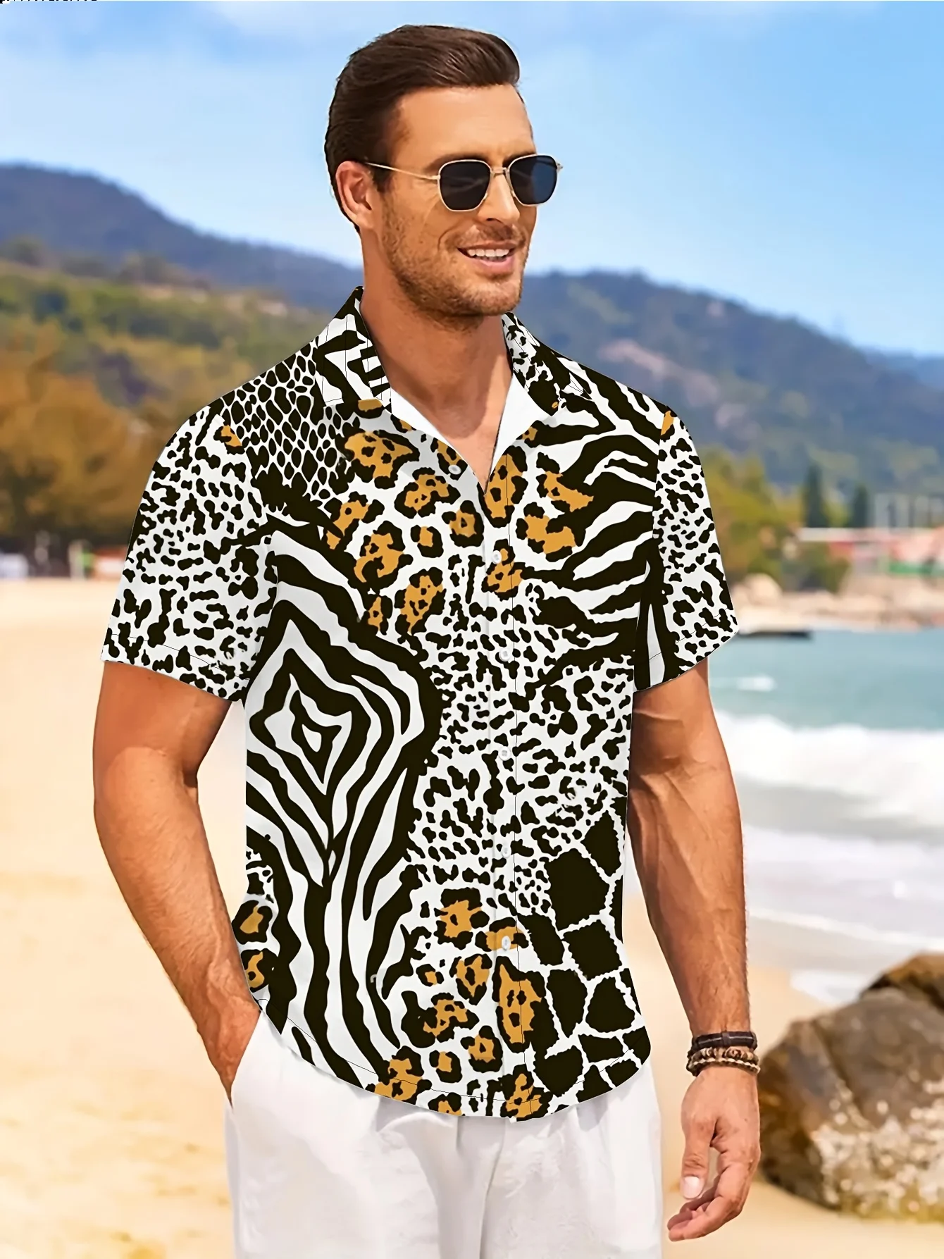 

2026 Summer New Style Men's Short-Sleeved Shirt With 3D Leopard Print Casual Fashionable Comfortable Soft Breathable Camisas
