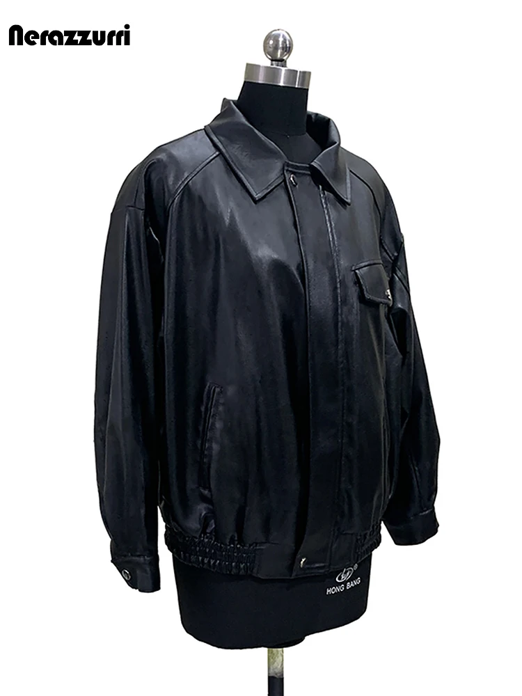 Nerazzurri Spring Autumn Short Black Soft Pu Leather Jacket Women Elastic Waist Zipper Casual Loose American Vintage Clothes
