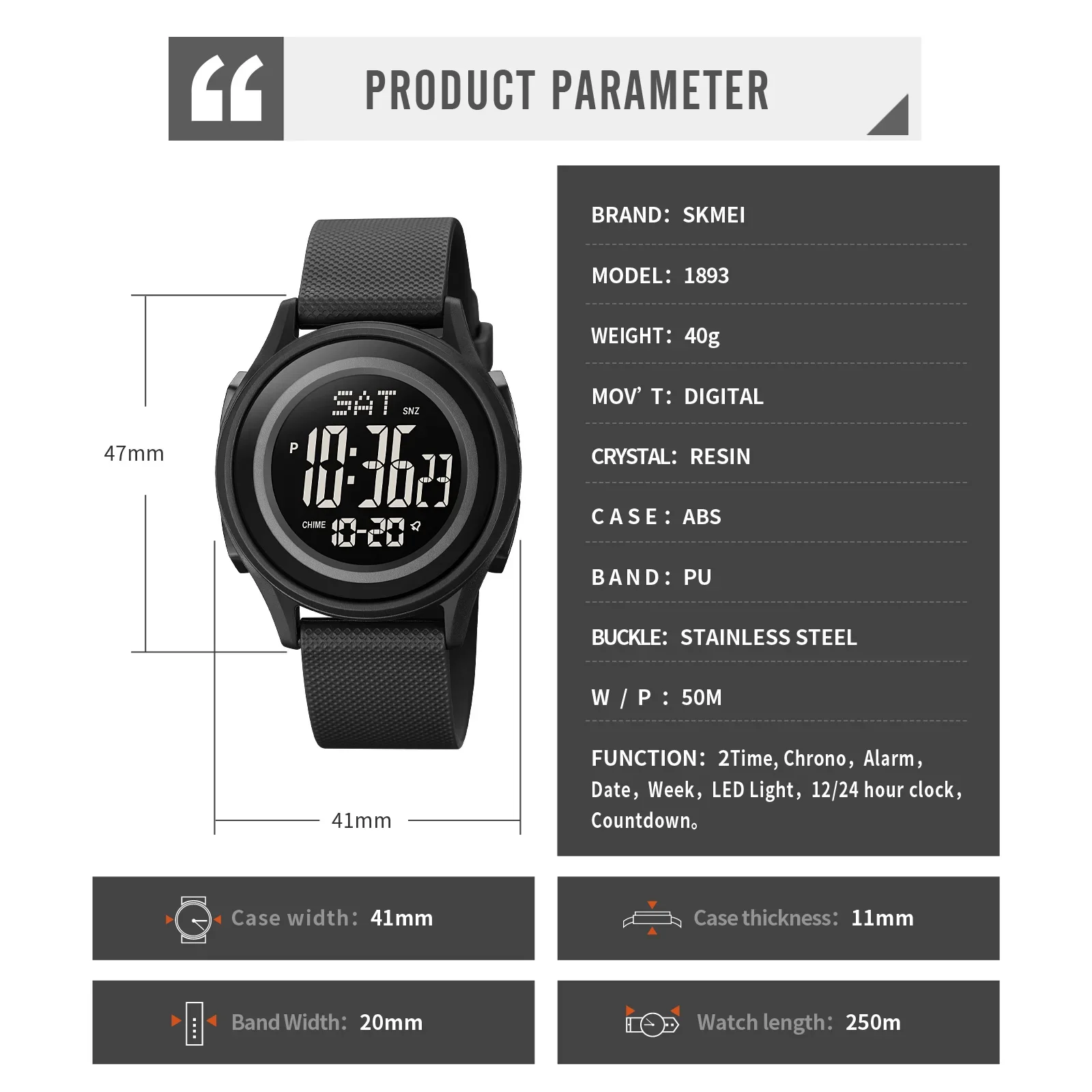 SKMEI 1893 Sport Watch Mens Military Electronic Stopwatch Digital Men Wristwatches Clock Reloj masculino Outdoors Waterproof