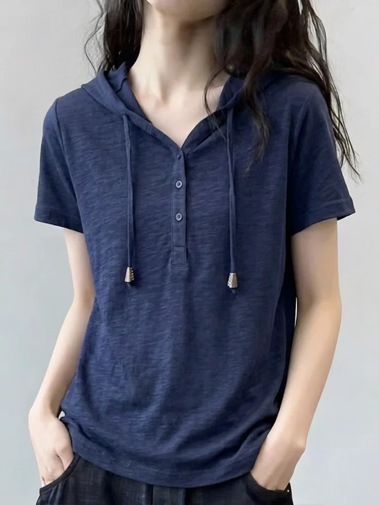Light Blue Hoodie Short Sleeve Women's T-shirt Summer New plus Size Slimming Top Korean Style Commute Wind Loose Fit