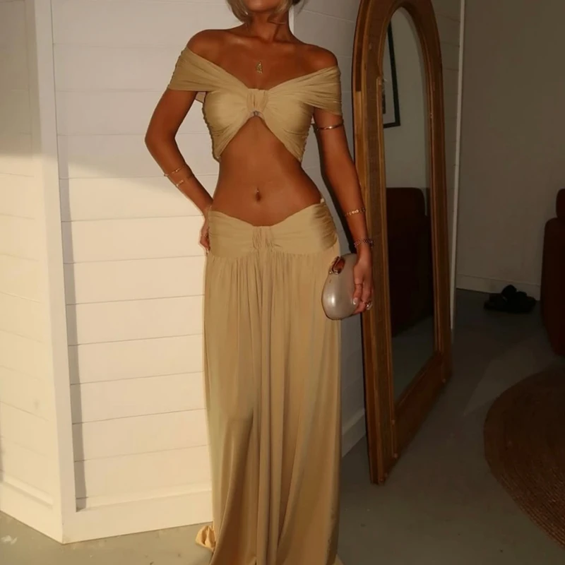 Fashion Sleeveless Hollow Out Crop Tops&Half Skirts Sets Summer Solid Color Slim Ruffles Vacation Sets Elegant Lady Party Outfit view 4