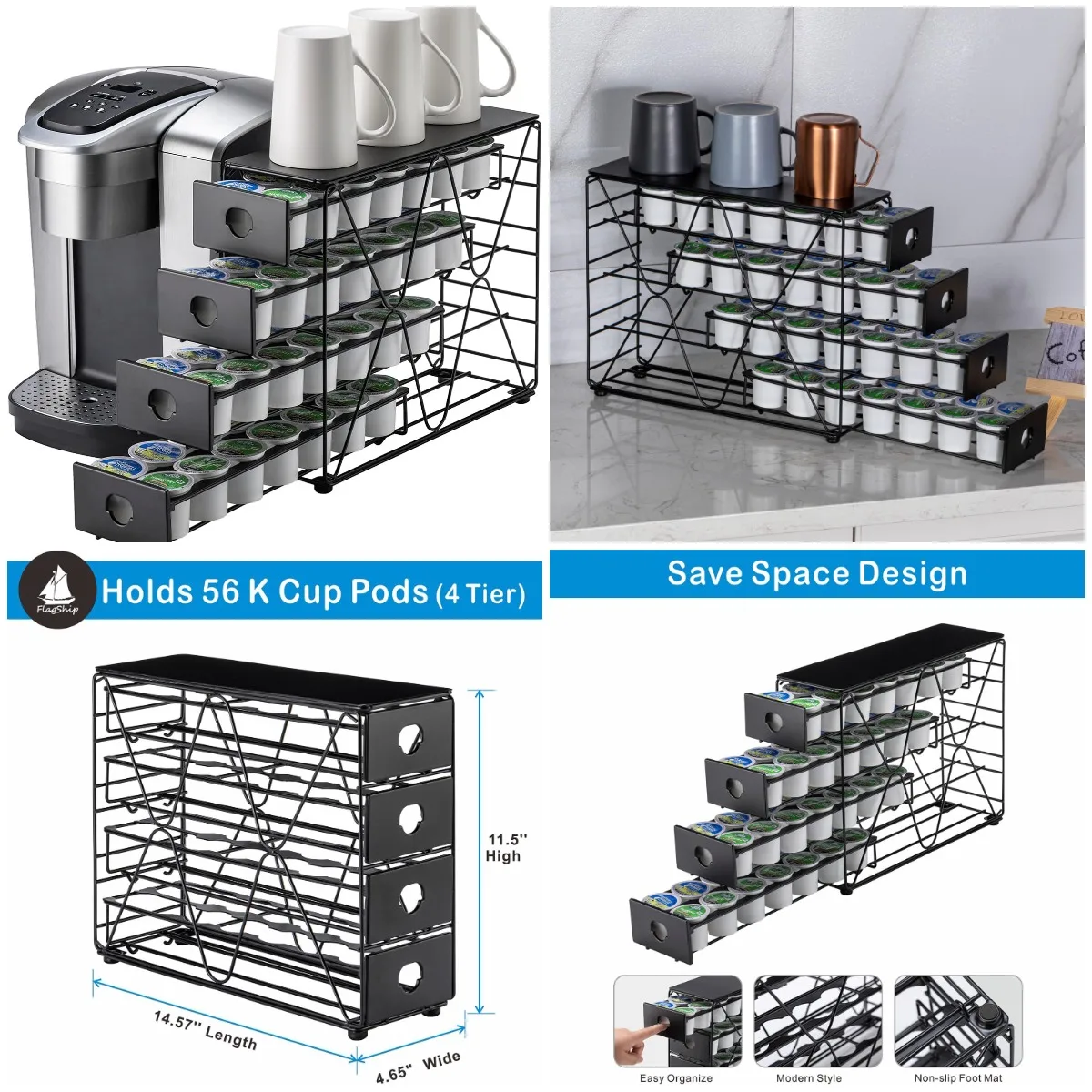 

K Cup Holder for Keurig Pod K Cup Storage 4 Tier K Cup Drawer Organizer for Counter (56 Pods Capacity)