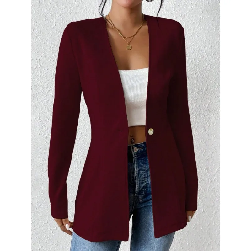 سترة عصرية على الطراز الكوري الجديد برقبة على شكل حرف V بزر واحد بلون سادة وأكمام طويلة