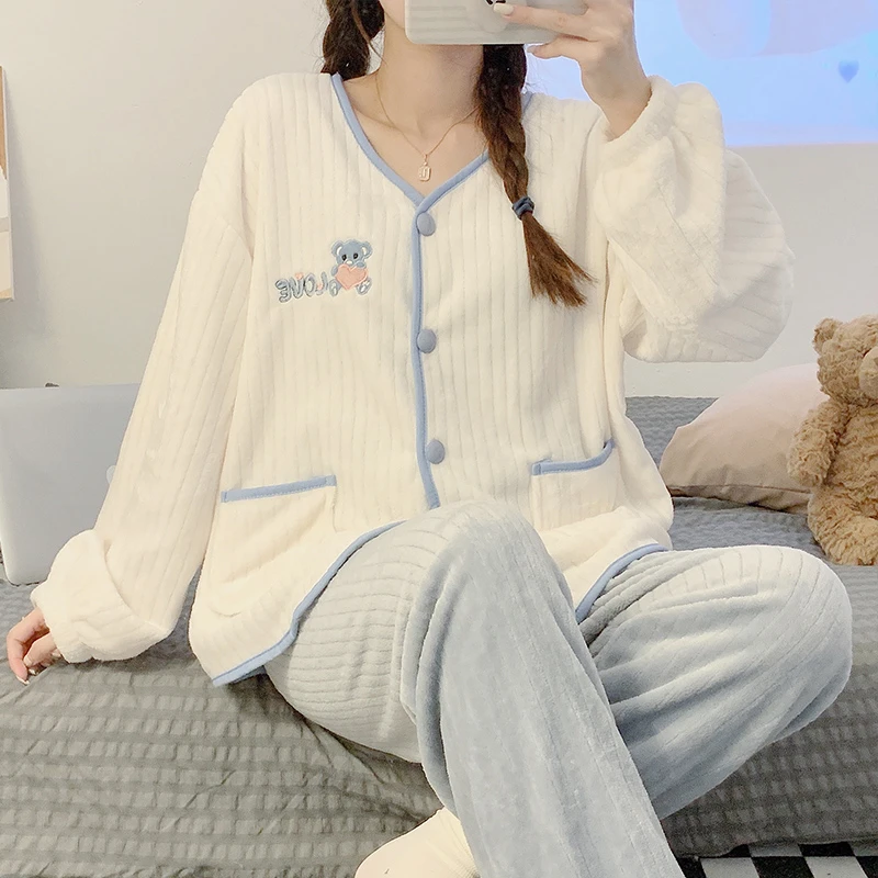 Thickened Warm Coral Velvet Pajamas set Autumn Winter sleepwear cartoon Embroidery Flannel School Pajamas Women's sweet Homewear