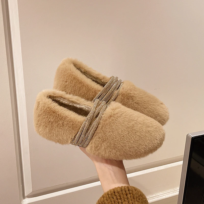 

Туфли на плоской подошве со стразами, осенне-зимние новые туфли с круглым носком и глубоким носком, мягкая подошва, противоскользящая износостойкая шерстяная обувь