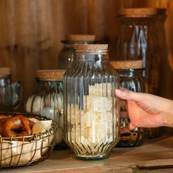 Japanese Vertical Grain Glass Jar Cork Storage Jar Snack Tea Sealed Storage Pot Transparent Storage Bottle Glass Container Decor