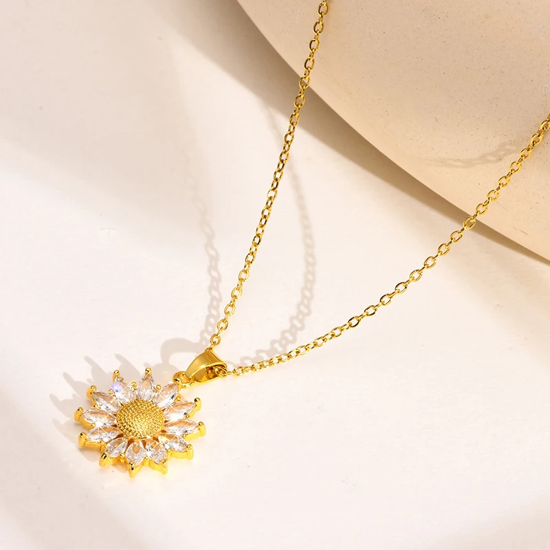 ANENJERY 316L Stainless Steel Sunflower Snowflake Pin Tree Necklace for Women Simple Clavicle chain Jewelry Gifts Wholesale