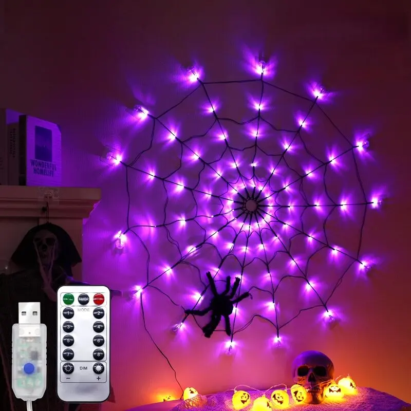 Halloween Spider Web Decoration Light With Giant Hanging Spider&Triangular Web,Indoor/Outdoor Wall Lamp For Haunted House,Party