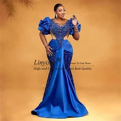 Aso Ebi African Royal Blue Prom Dresses Sequins Beaded Ruffle Mermaid Evening Dress Long Luxury Bead Formal Gowns Robe De Soiree