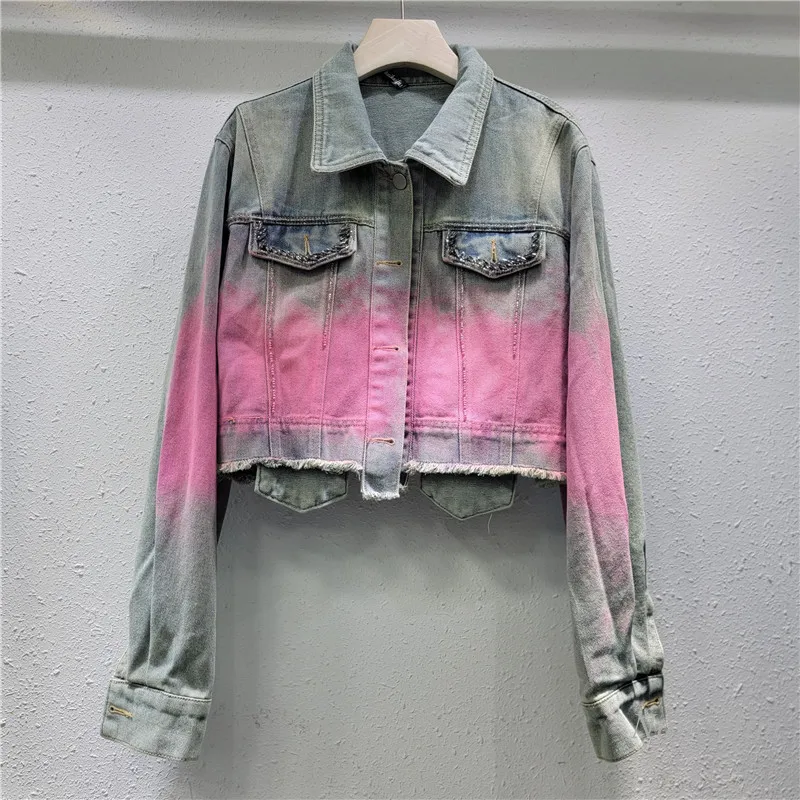 

2024 Autumn Jacket for Women New Loose Casual Denim Coat Fashion Color Contrast Hanging Dyed Washed Jean Jacket Short Street Top