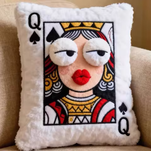 Funny Queen of Spades Playing Card Pillow, 3D Eyes &amp; Lips Decorative Cushion for Sofa Bedroom