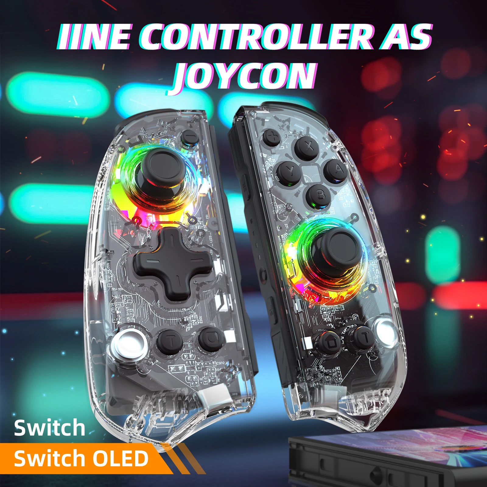 IINE Controller As Joypad Transparent Controller with Middle Charging Grip Compatible Nintendo Swtich/OLED