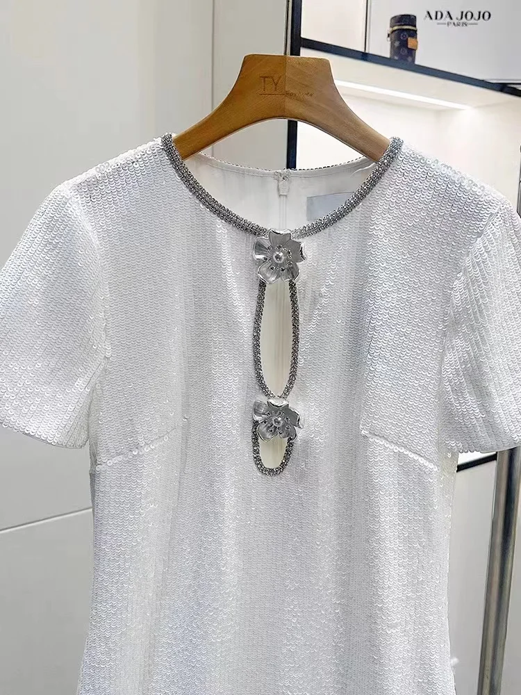 Fashion Floral Buttons Dress women Chic Sequins Beaded Round Neck Slim Short Sleeve Female 2024 New Mini Robe