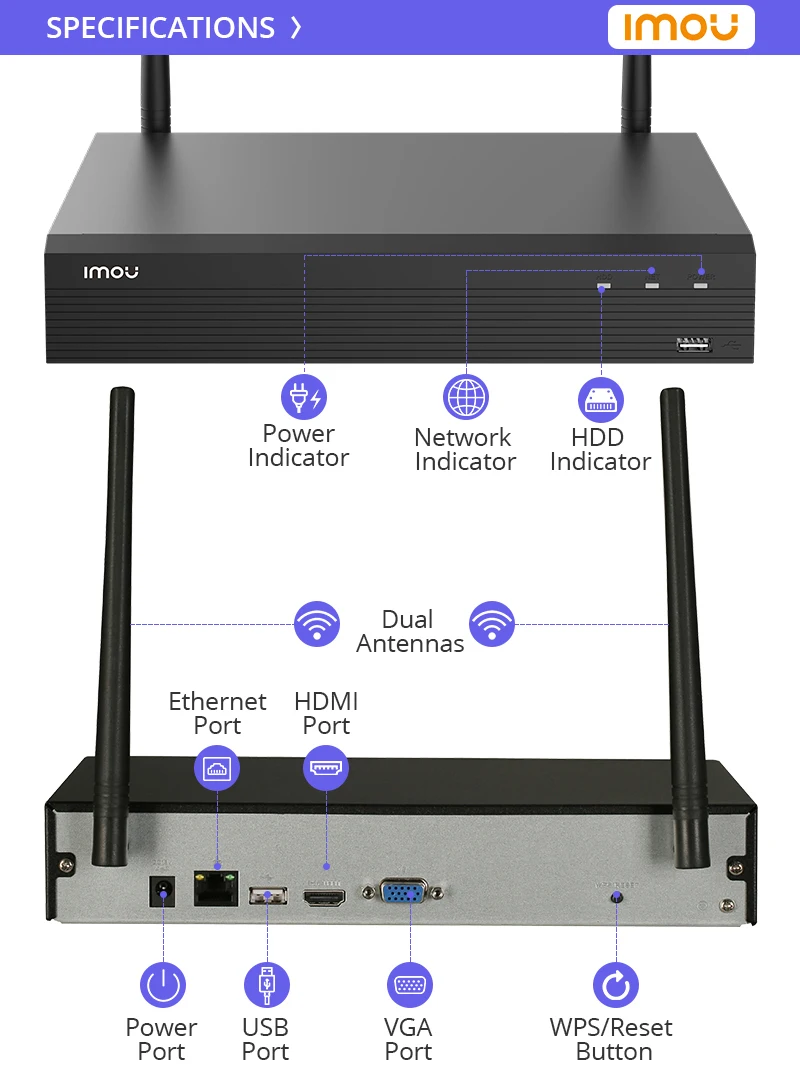 IMOU Wi-Fi Network Security System 8CH Wireless Recorder NVR Strong Metal Shell Conforms to ONVIF Standards