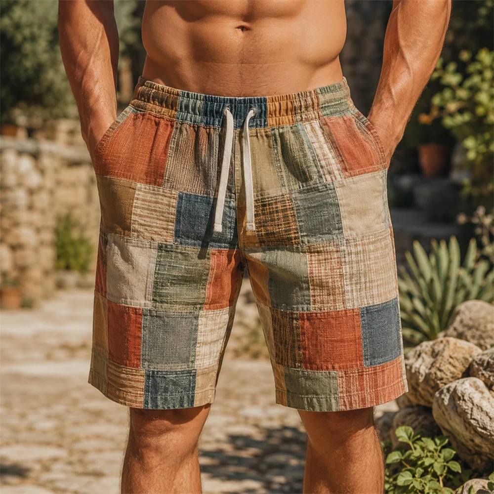 Retro Geometric Grid Pattern Print Beach Short For Men Contrast Color Patchwork Printed Board Shorts Summer Quick Dry Fashion