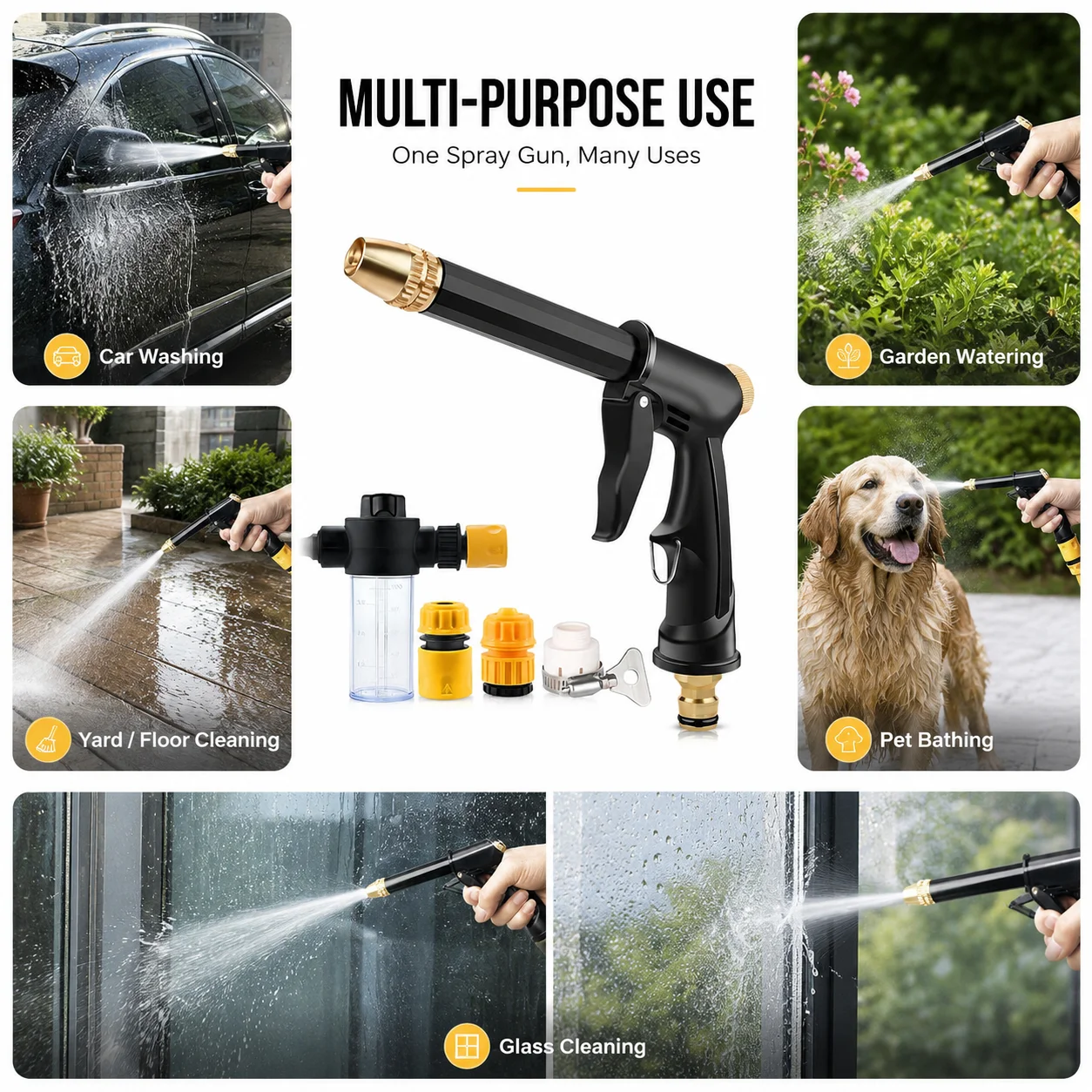 Car Wash Water Gun High Pressure Adjustable Nozzle Hose Set with Stainless Steel Clips for Garden Cleaning Watering Tasks