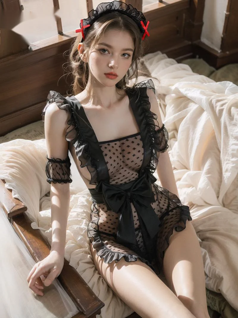 

Fashion Sweet Koeran Women Mini Dress Maid Mesh Lace Bow Maid Dress Elegant Underwear Sexy Spice Girls 2023 New Tops GXM4