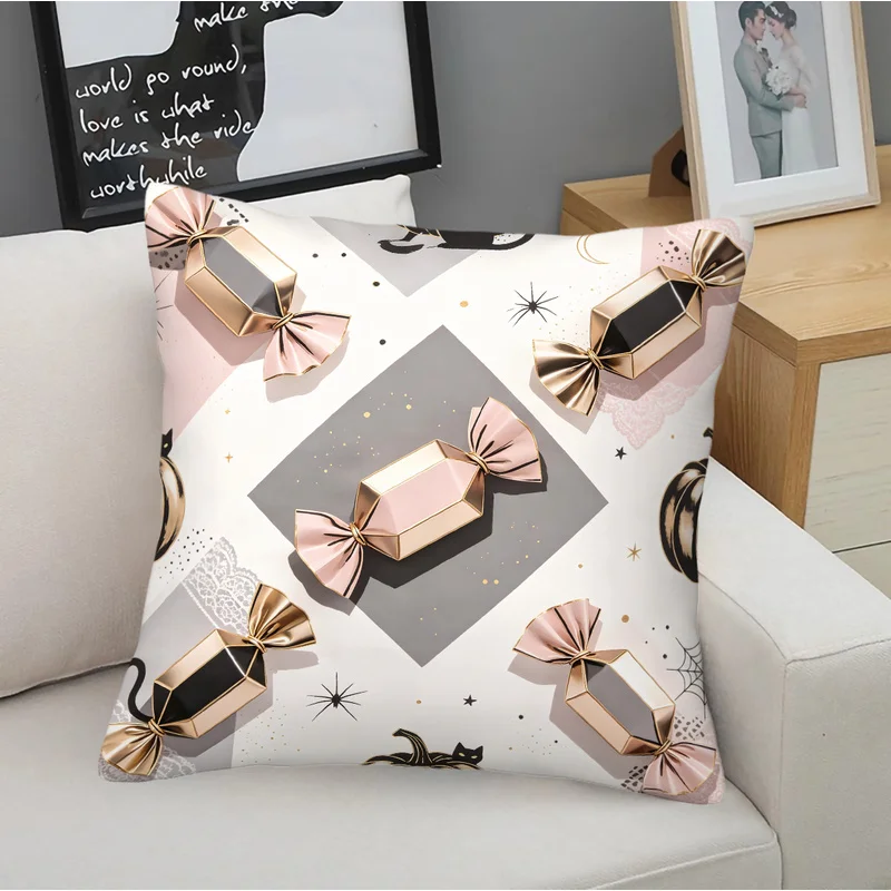 1PC 45x45cm Halloween Throw Pillow,Microfiber,Durable,Skin-Friendly,Black cats silver pumpkins moons spiderwebs Print Cushion