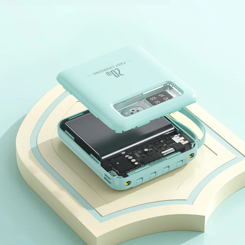 بنك طاقة بتصميم كرتوني صغير - سعة كبيرة معتمدة من CCC بقدرة 20000 مللي أمبير في الساعة مع كابل مدمج لهواتف iPhone وXiaomi وSamsung