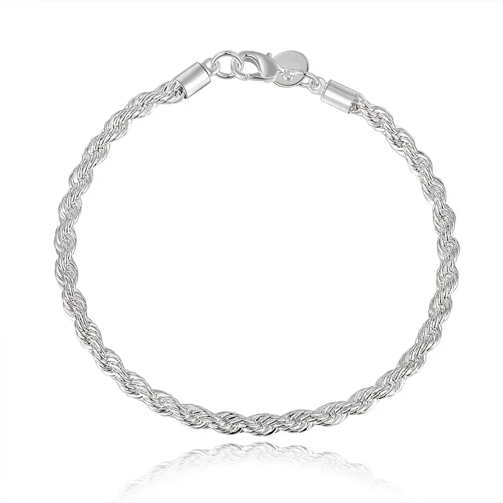 

925 Sterling Silver 4MM Rope Chain Necklace Bracelet 2Pcs Charm Unisex Men Women Daily Wedding Jewelry Gift Size 40 To 60CM