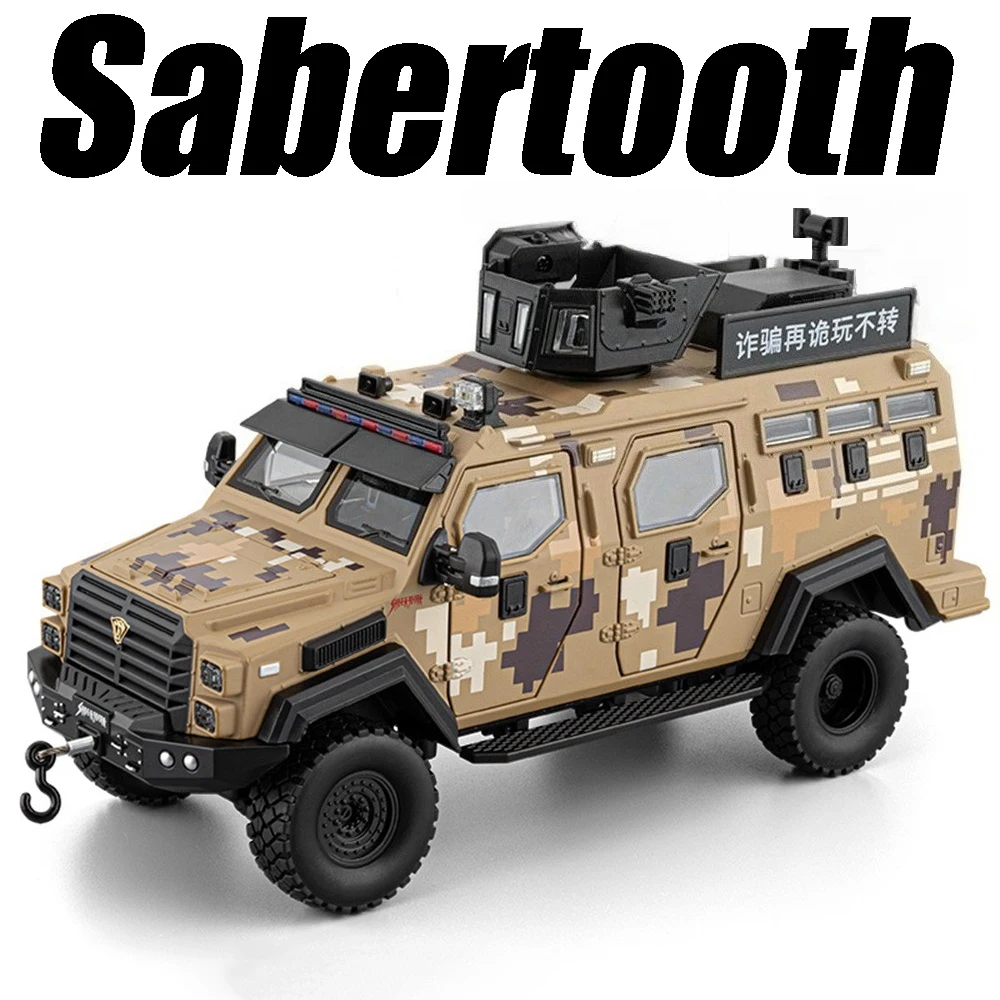 Modèle de voiture blindée MengShi Sabertooth 1:24, jouet en métal moulé sous pression, son et lumière, portes ouvertes, Simulation de voitures tout-terrain pour garçons
