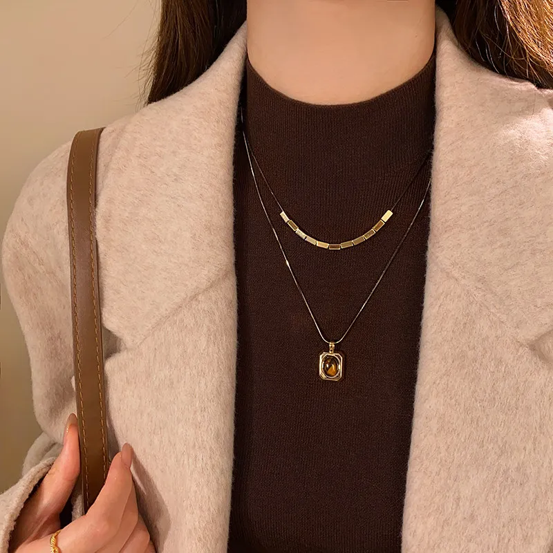 Schwarzgoldfarbene Doppelschichtige Tigerauge-Stein-Anhängerkette für Damen, Herbst-/Winter-Pulloverkette, Schmuckzubehör-Set – Detail 13