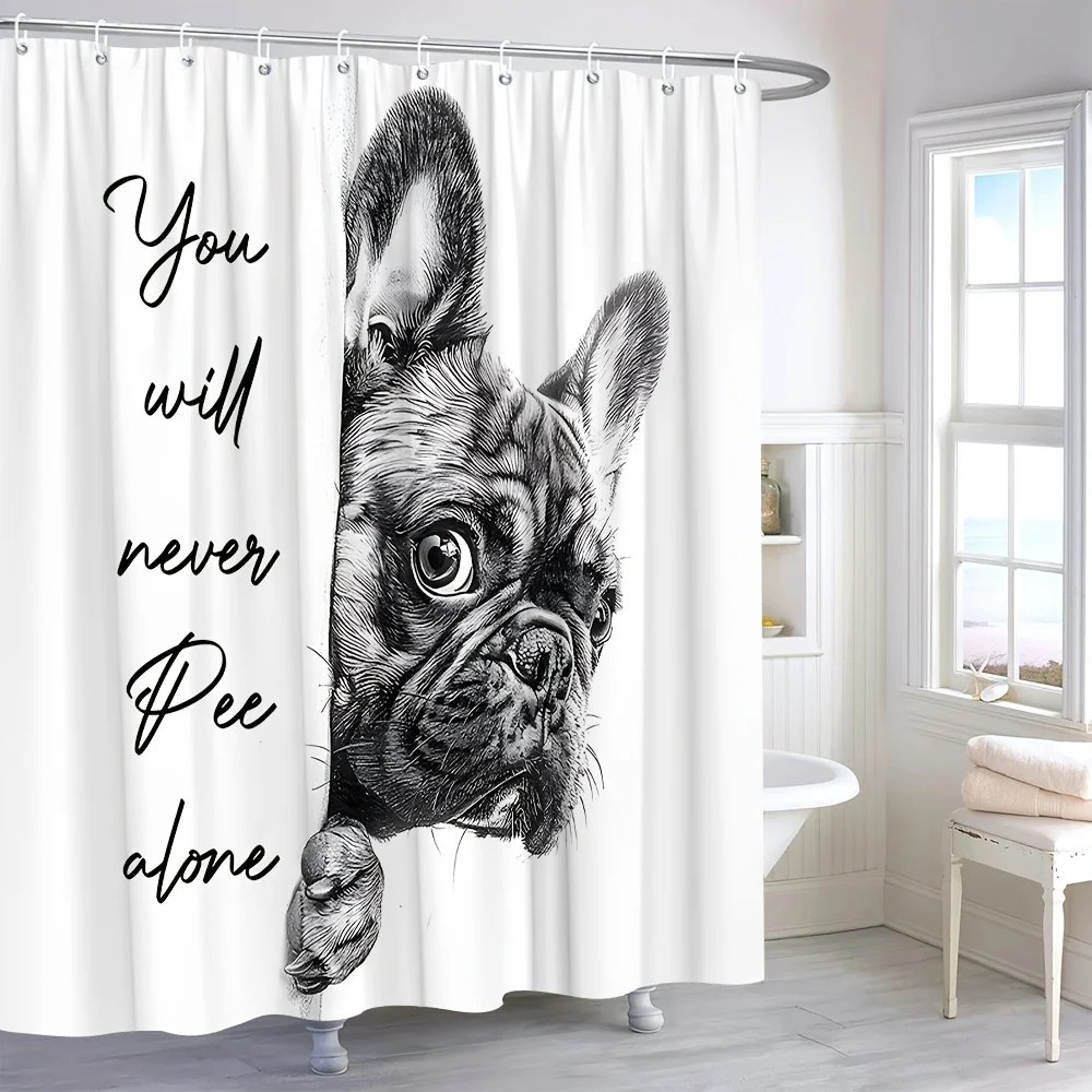 Funny Dog Shower Curtain, Humorous Pet French Bulldog, Dog Bathroom Decor Hanging Curtain, Artistic Creative Curtain