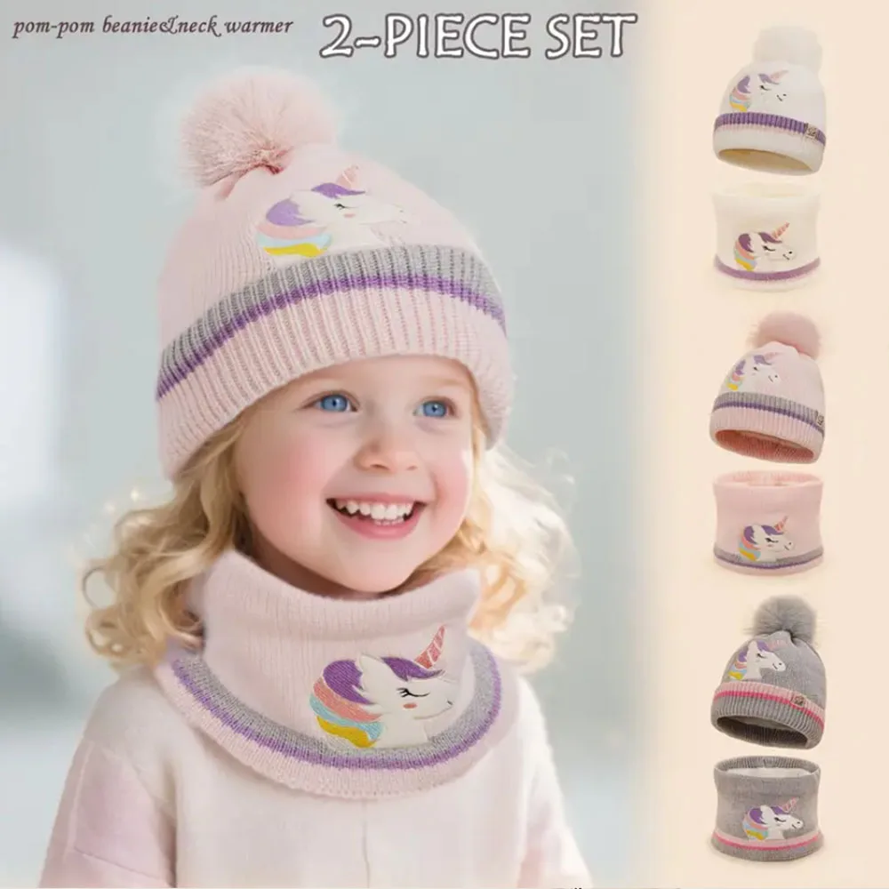 

2 шт., комплект шапочки и шеи с вышивкой единорога для девочек от 1 до 7 лет, комплект из тепла и ветрозащитного материала на флисовой подкладке для вечеринок по случаю дня рождения