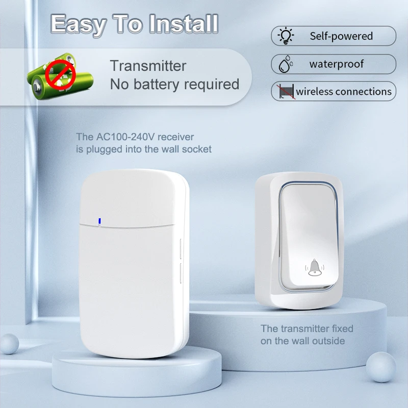 Self-Powered Wireless Doorbell AU Plug Waterproof No Battery Kinetic Door Chime 300M Range 36 Melodies Plug-in for Home Outdoor