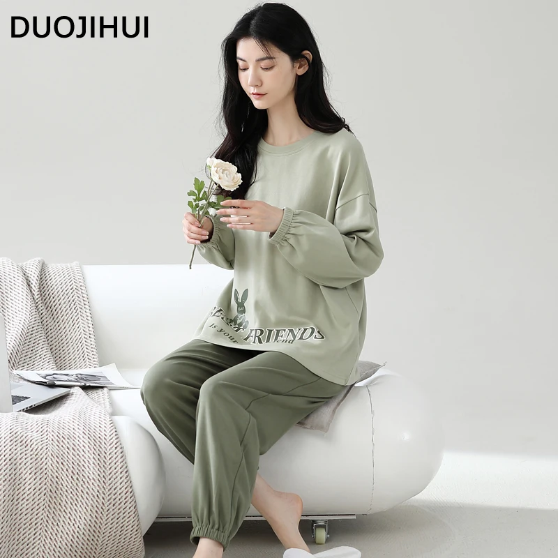 Duojihui Chic Letter Print Casual Home Pyjamas für Frauen neue klassische O-Neck Pullover Basic lose Hose einfache weibliche Pyjamas Set