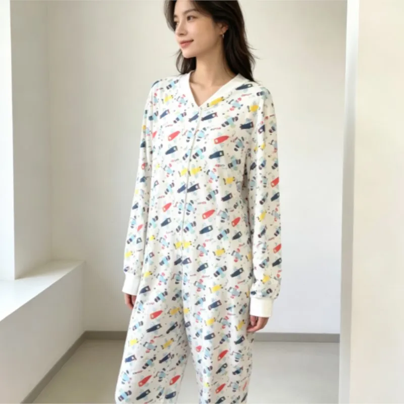 Couple Comfortable Soft Cute Cartoon Print Jumpsuit ABDL Long Sleeves Bodysuit with Foot Adult Sissy Cosplay Clothing