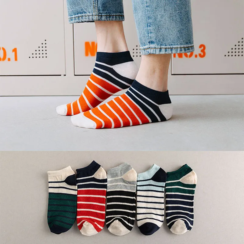 5 Pairs Of Fashion Men\'s Cotton Boat Socks Spring And Summer Breathable Sweat-absorbing Trend Striped Men\'s Socks Wholesal Meias