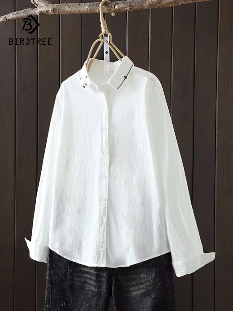 

New Spring Cotton Embroidery Shirt Women Lapel Long Sleeve Literature Tops Girl Simplicity Commute Blouse 2024 Autumn T44137QC