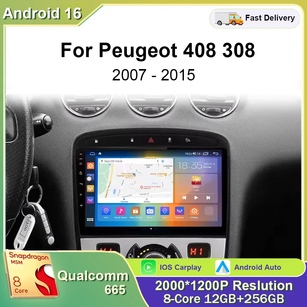 Radio para Auto Android 16 para Peugeot 408, Peugeot 308, 308SW 2007, 2008-2015, Navegación GPS, Autoestéreo, Reproductor Multimedia Qualcomm