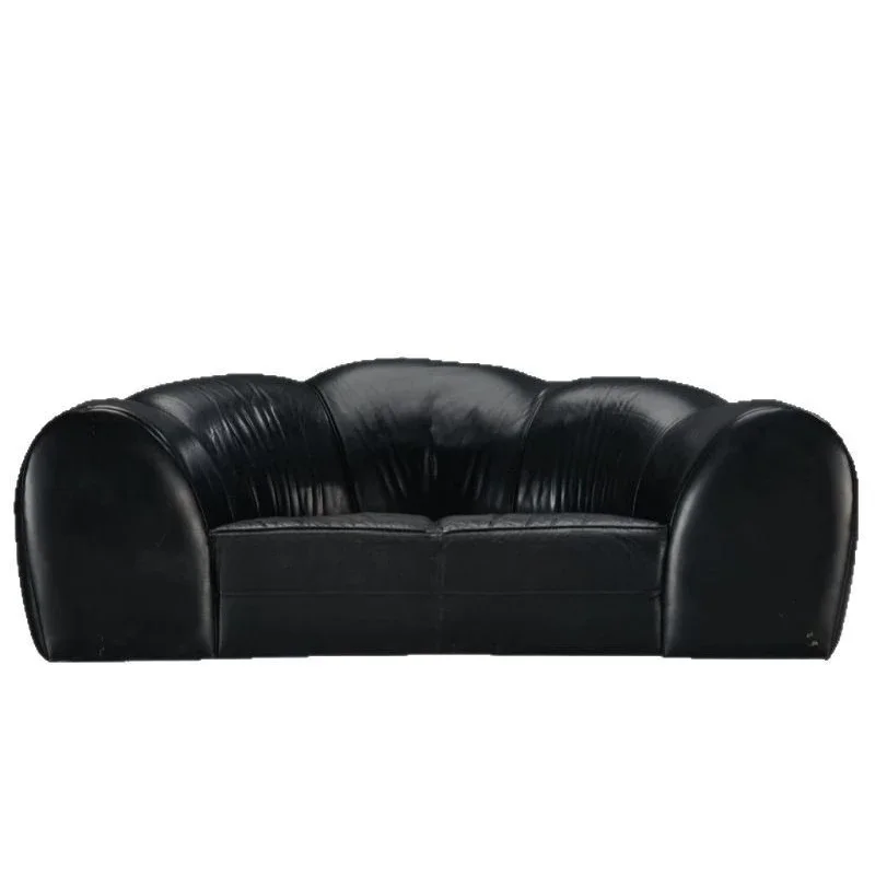 

Minimalist design old black butter wax leather muscular double small apartment living room sofa