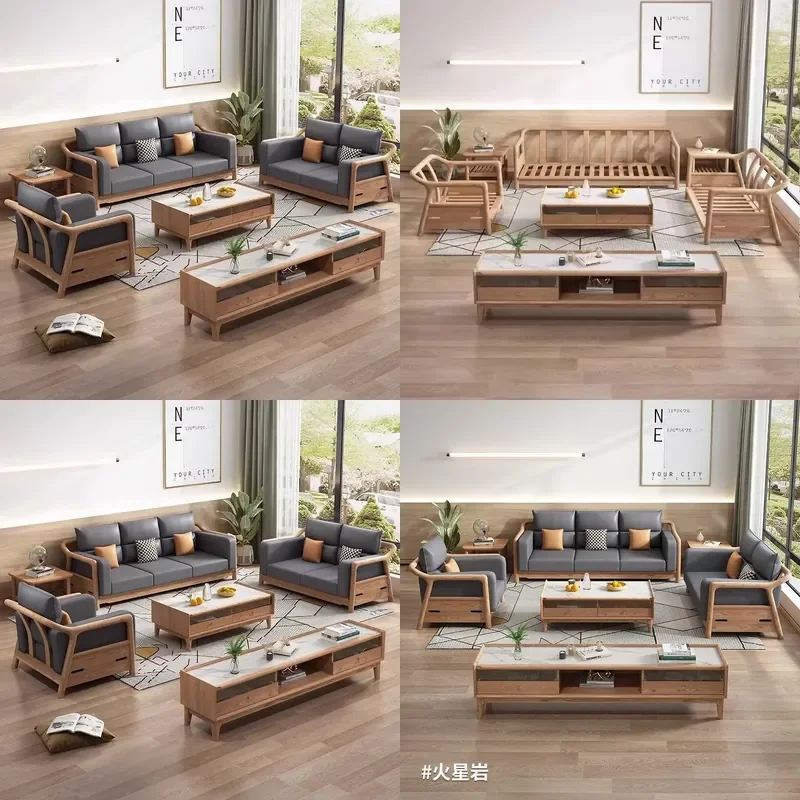 For Nordic Ash Wood Solid Wood Sofa 3 Seater Living Room Furniture Set with TV Cabinet and Coffee Table for Small Apartment