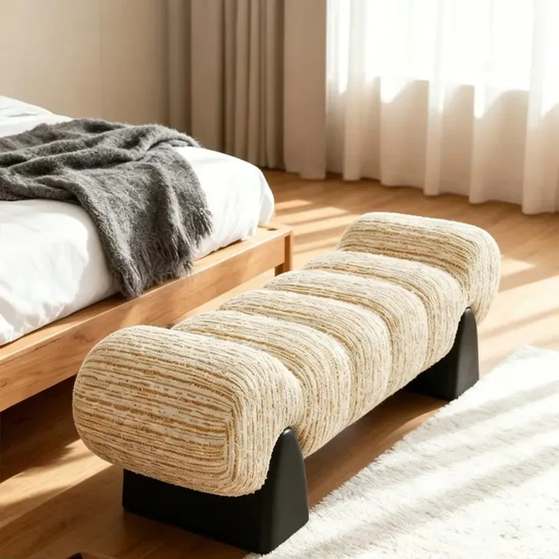 Medieval Style Wavy Bedside Stool Striped Fabric Bench Solid Wood Base Household Shoe Changing Stool Leisure Footrest